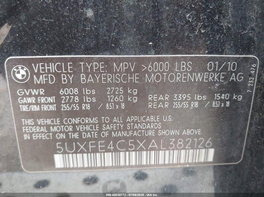 2010 BMW X5 VIN 5UXFE4C5XAL382126 IAAI salvage auction — FRONT & REAR, Reconstructed (Massachusetts), sold $400 on 2026-07-24 (photo 9)