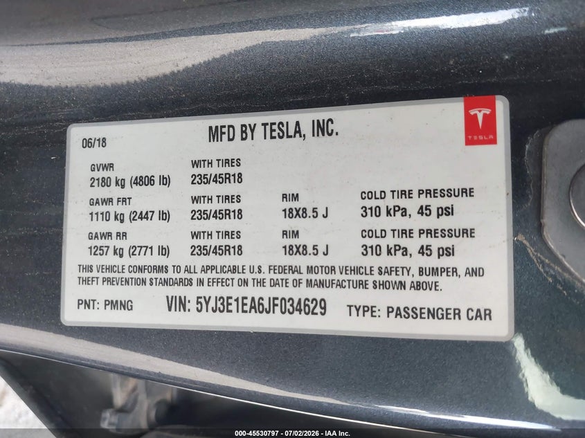 2018 Tesla Model 3 VIN 5YJ3E1EA6JF034629 IAAI salvage auction — FRONT END, Original (Texas), sold $4,050 on 2026-07-29 (photo 9)