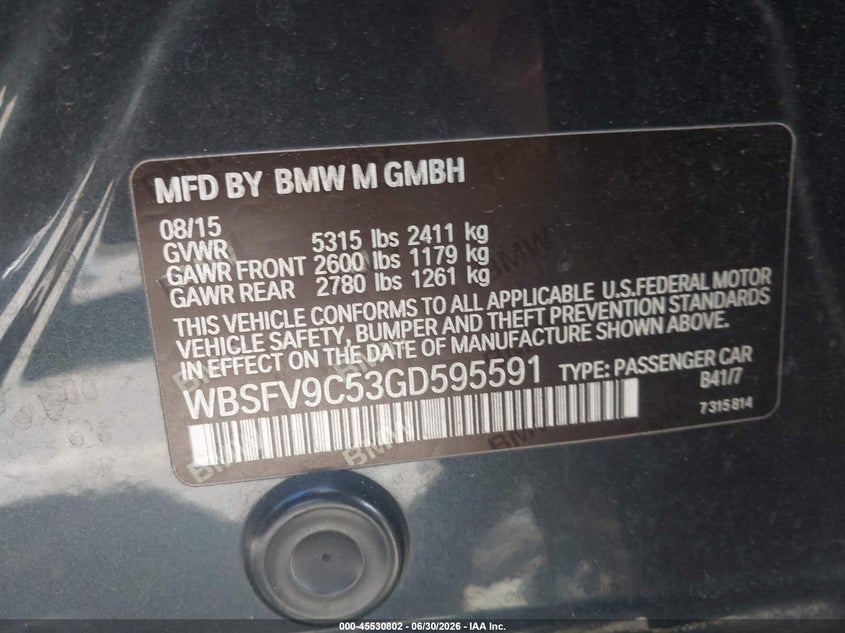 2016 BMW M5 VIN WBSFV9C53GD595591 IAAI salvage auction — SIDE, Salvage Title, sold $7,700 on 2026-08-05 (photo 9)