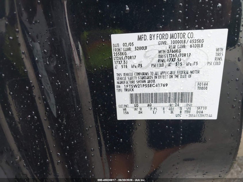 2005 Ford F-250 VIN 1FTSW21P55EC41769 IAAI salvage auction — UNKNOWN, Clear (Florida), sold $9,000 on 2026-07-25 (photo 9)