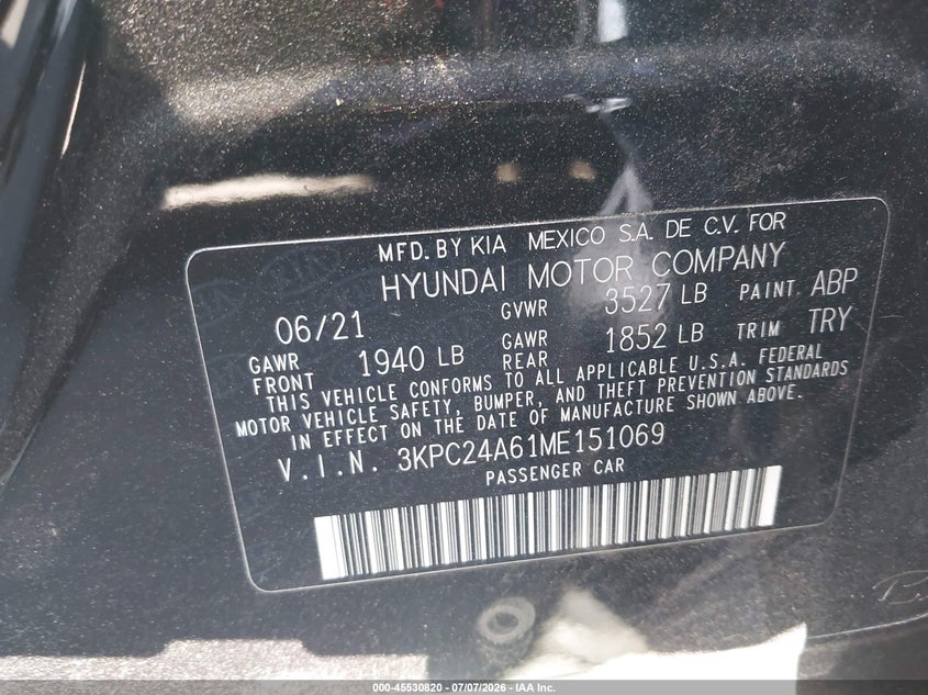 2021 Hyundai Accent VIN 3KPC24A61ME151069 IAAI salvage auction — FRONT END, Salvage Title, sold $2,150 on 2026-08-22 (photo 9)