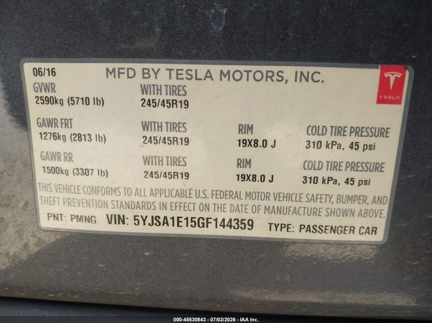 2016 Tesla Model s VIN 5YJSA1E15GF144359 IAAI salvage auction — LEFT SIDE, Original (Texas), sold $4,250 on 2026-07-13 (photo 9)