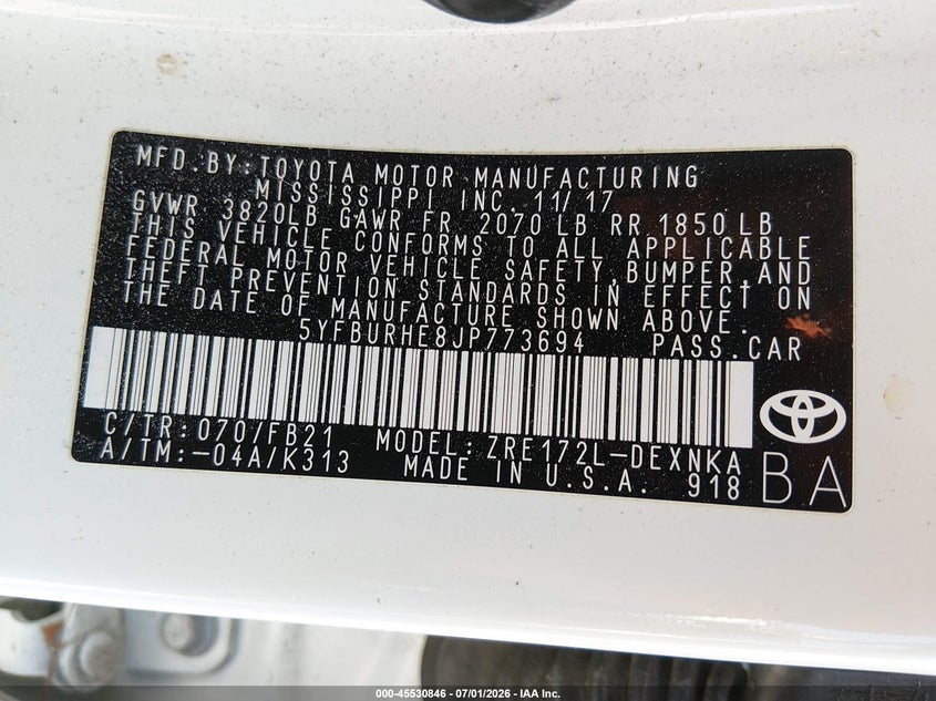 2018 Toyota Corolla VIN 5YFBURHE8JP773694 IAAI salvage auction — FRONT END, Salvage Title, sold $2,950 on 2026-07-21 (photo 9)