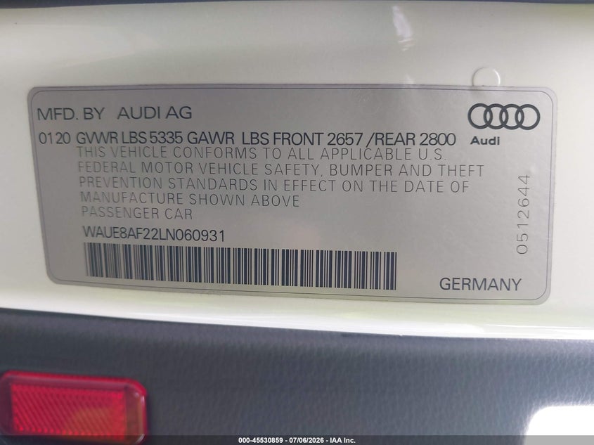 2020 Audi VIN WAUE8AF22LN060931 IAAI salvage auction — LEFT SIDE, Salvage (Idaho), sold $1,250 on 2026-07-29 (photo 9)