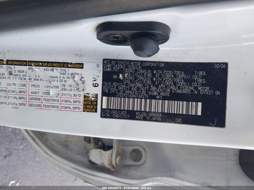 2006 Toyota Highlander VIN JTEEP21A360169275 IAAI salvage auction — NORMAL WEAR, Clear (Oregon), sold $300 on 2026-07-28 (photo 9)