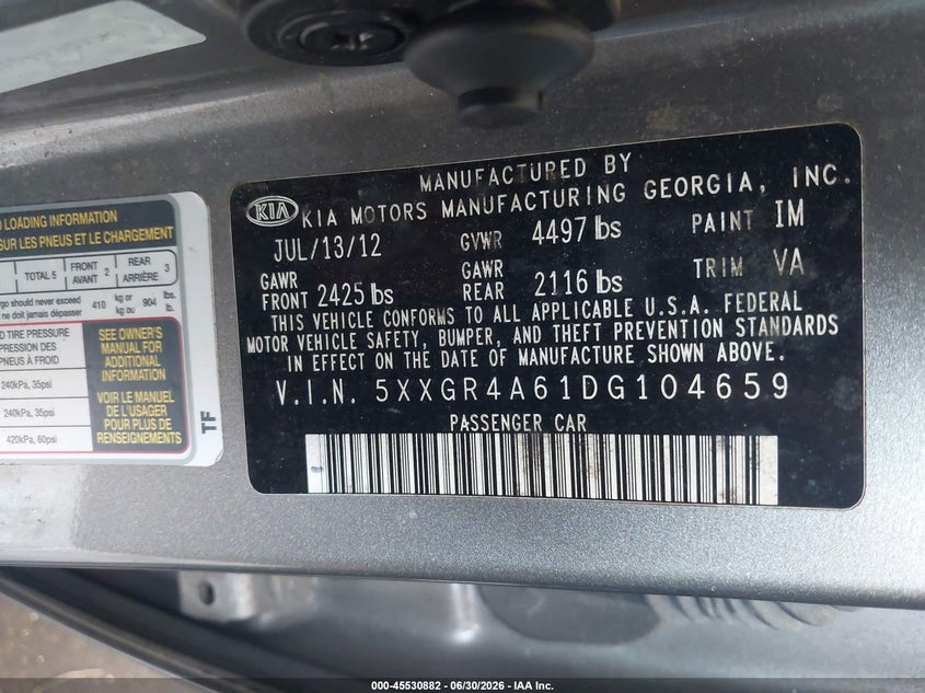 2013 Kia Optima VIN 5XXGR4A61DG104659 IAAI salvage auction — NORMAL WEAR, Clear (Florida), sold $700 on 2026-07-15 (photo 9)