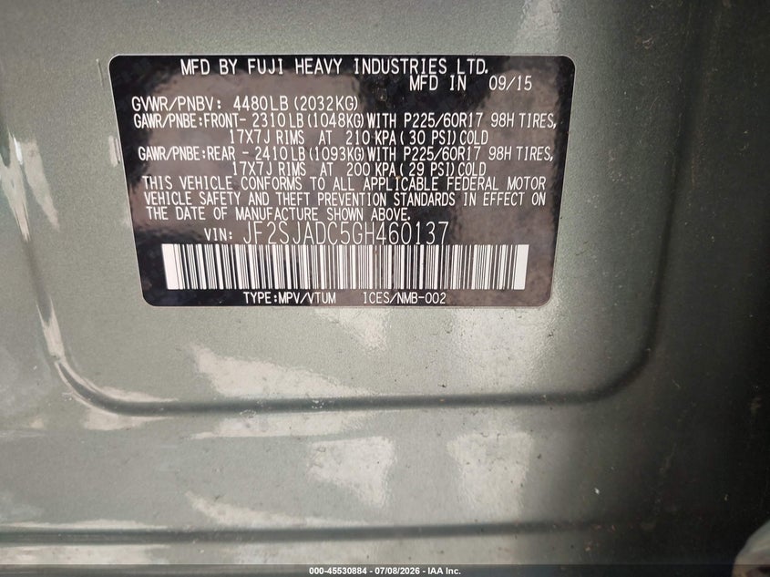 2016 Subaru Forester VIN JF2SJADC5GH460137 IAAI salvage auction — FRONT END, Clear (Massachusetts), sold $3,700 on 2026-07-14 (photo 9)