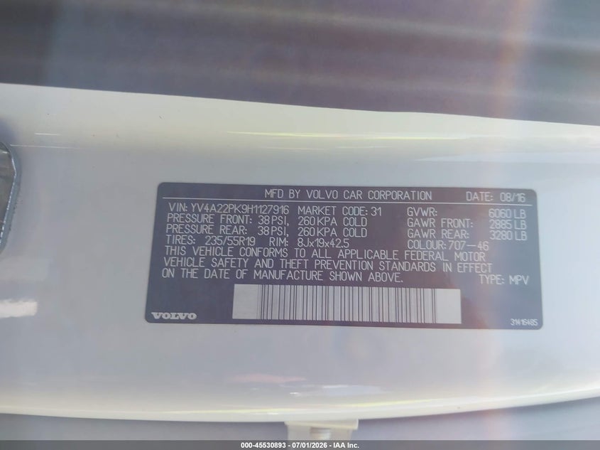 2017 Volvo Xc90 VIN YV4A22PK9H1127916 IAAI salvage auction — FRONT END, Salvage (North Carolina), sold $4,925 on 2026-08-12 (photo 9)