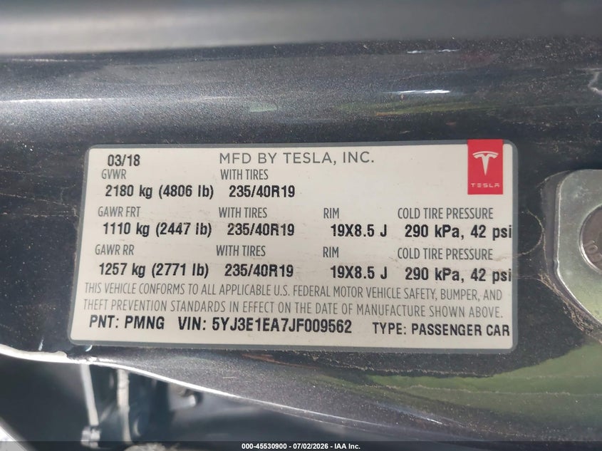 2018 Tesla Model 3 VIN 5YJ3E1EA7JF009562 IAAI salvage auction — HAIL, Original (Texas), sold $5,350 on 2026-07-27 (photo 9)
