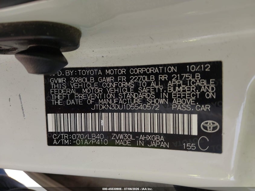 2013 Toyota Prius VIN JTDKN3DU1D5540572 IAAI salvage auction — FRONT END, Salvage (North Carolina), sold $925 on 2026-07-23 (photo 9)