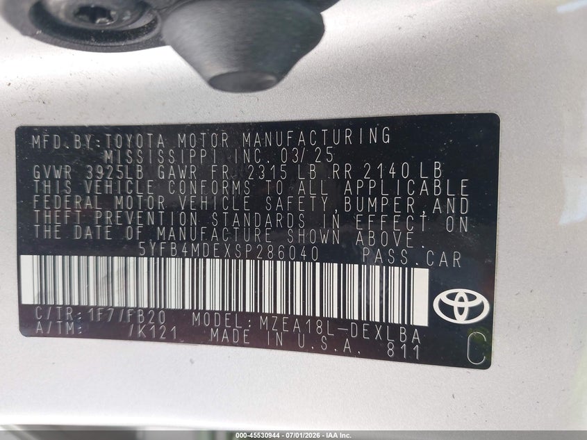2025 Toyota Corolla VIN 5YFB4MDEXSP286040 IAAI salvage auction — FRONT END, Clear (New York), sold $13,050 on 2026-07-08 (photo 9)