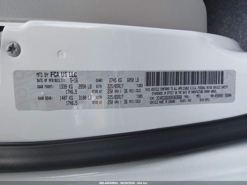 2016 Dodge Grand caravan VIN 2C4RDGBG9GR363668 IAAI salvage auction — NORMAL WEAR, SF97 (Virginia), sold $13,200 on 2026-07-22 (photo 9)