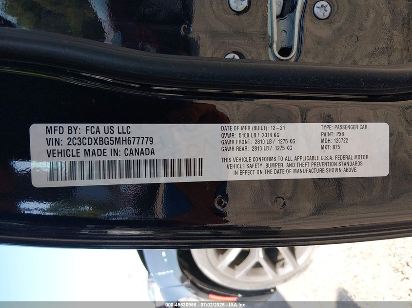 2021 Dodge Charger VIN 2C3CDXBG5MH677779 IAAI salvage auction — FRONT END, Salvage (Texas), sold $4,900 on 2026-07-29 (photo 9)