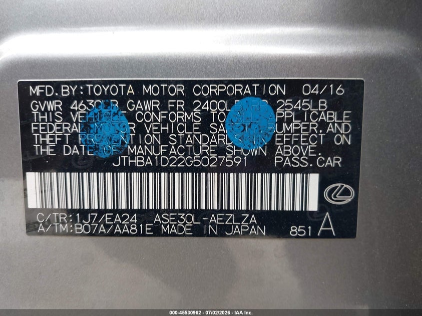 2016 Lexus Is VIN JTHBA1D22G5027591 IAAI salvage auction — FRONT END, Salvage Title, sold $4,950 on 2026-07-22 (photo 9)