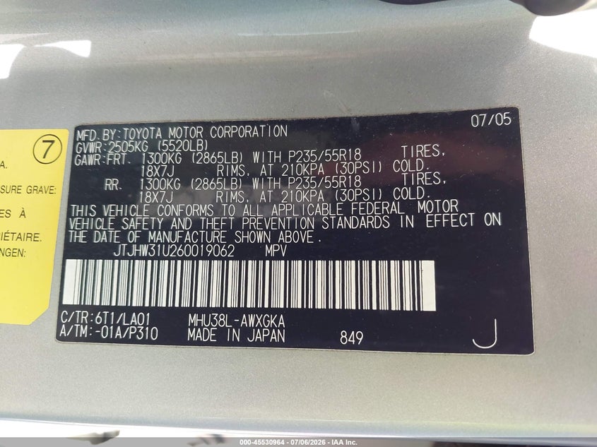 2006 Lexus Rx 400h VIN JTJHW31U260019062 IAAI salvage auction — FRONT END, Salvage (California), sold $925 on 2026-07-29 (photo 9)