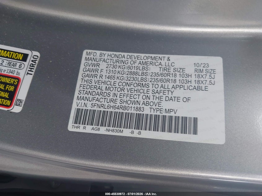 2024 Honda Odyssey VIN 5FNRL6H64RB011883 IAAI salvage auction — REAR END, Salvage Title, sold $11,100 on 2026-07-29 (photo 9)