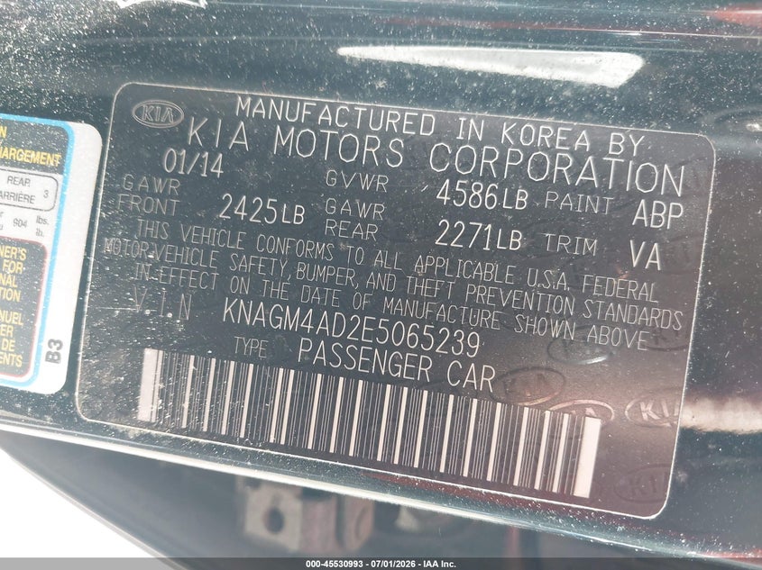 2014 Kia Optima hybrid VIN KNAGM4AD2E5065239 IAAI salvage auction — NORMAL WEAR, Clear (Maryland), sold $350 on 2026-07-22 (photo 9)