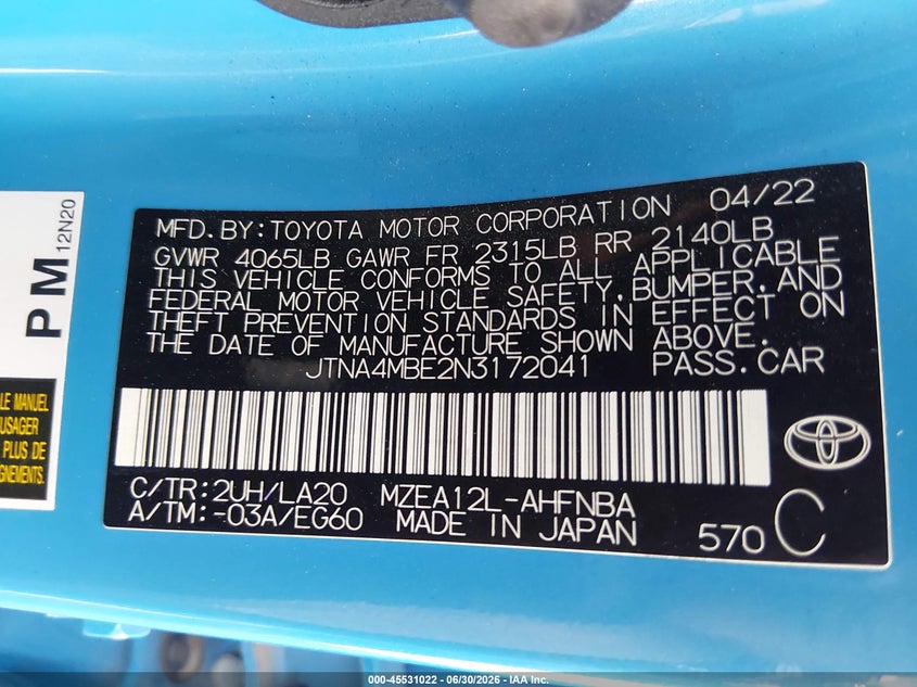 2022 Toyota Corolla VIN JTNA4MBE2N3172041 IAAI salvage auction — FRONT END, Wait Title, sold $4,650 on 2026-08-02 (photo 9)