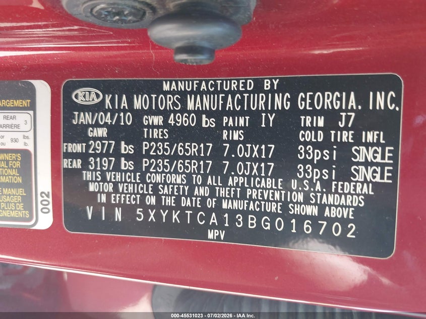 2011 Kia Sorento VIN 5XYKTCA13BG016702 IAAI salvage auction — NORMAL WEAR, Clear-Endorsement (Wisconsin), sold $475 on 2026-07-28 (photo 9)
