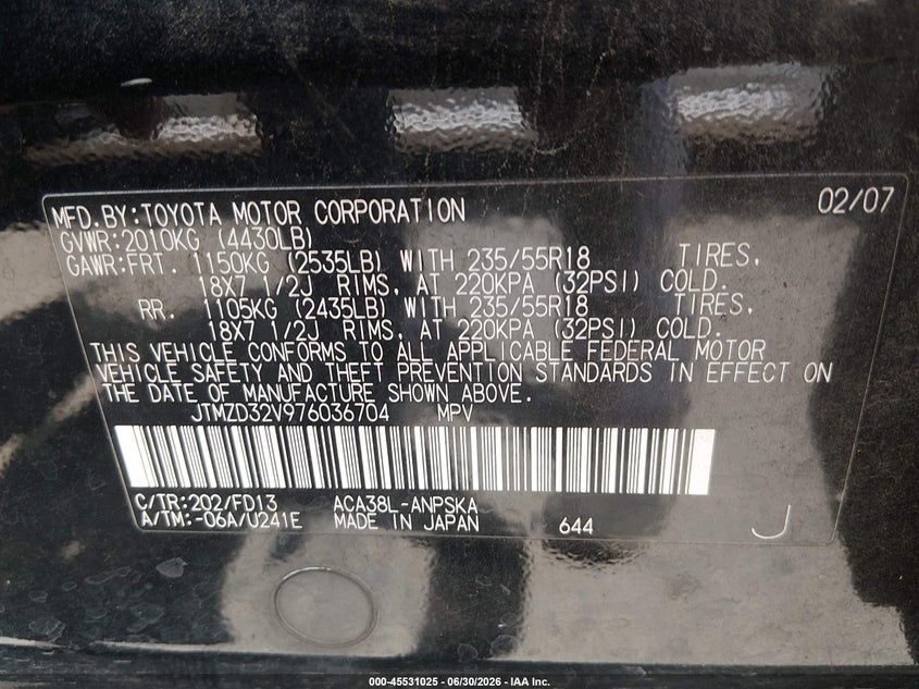 2007 Toyota Rav4 VIN JTMZD32V976036704 IAAI salvage auction — NORMAL WEAR, Clear - Dealer Only (California), sold $925 on 2026-07-29 (photo 9)