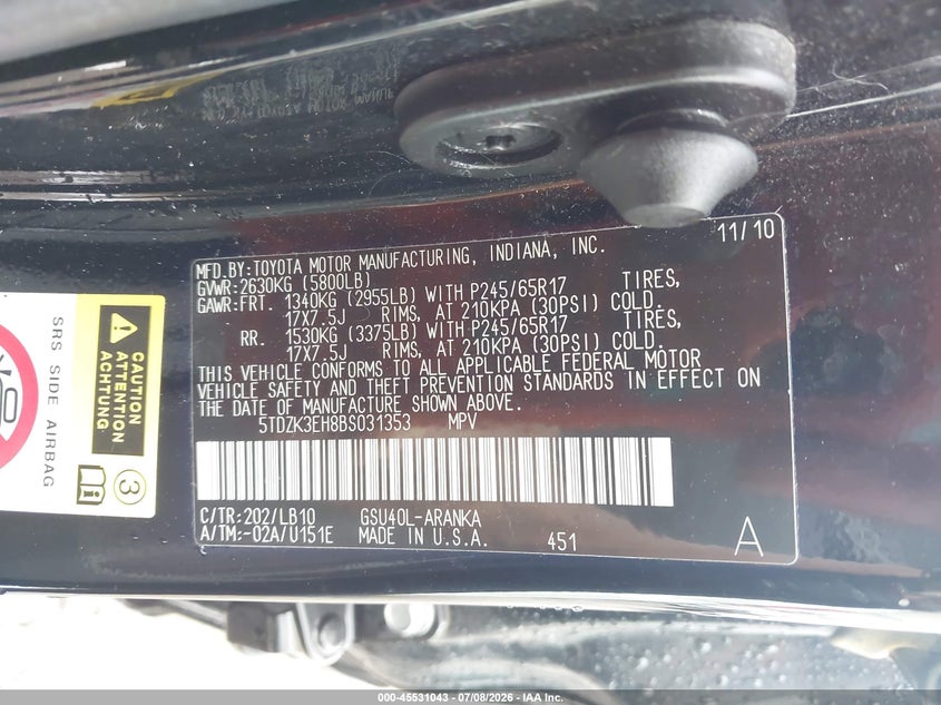 2011 Toyota Highlander VIN 5TDZK3EH8BS031353 IAAI salvage auction — ROLLOVER, Salvage (Tennessee), sold $25 on 2026-07-30 (photo 9)
