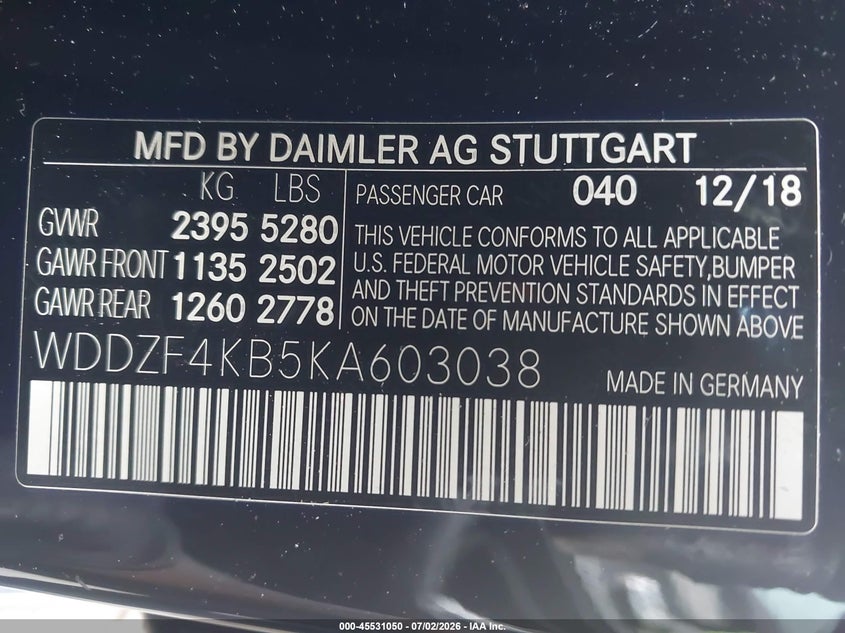 2019 Mercedes-benz E-klasse VIN WDDZF4KB5KA603038 IAAI salvage auction — FRONT END, Salvage Title, sold $2,950 on 2026-08-04 (photo 9)