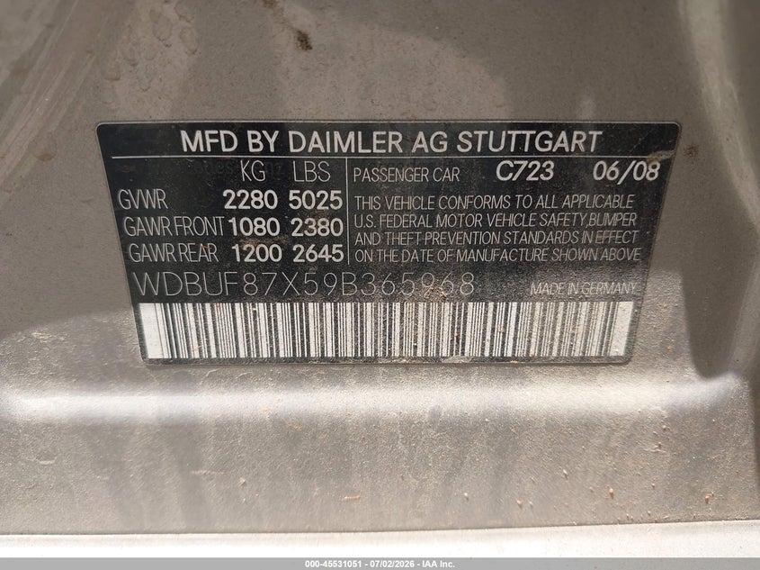 2009 Mercedes-benz E-class VIN WDBUF87X59B365968 IAAI salvage auction — NORMAL WEAR, Repossession Paperwork (Georgia), sold $875 on 2026-08-06 (photo 9)