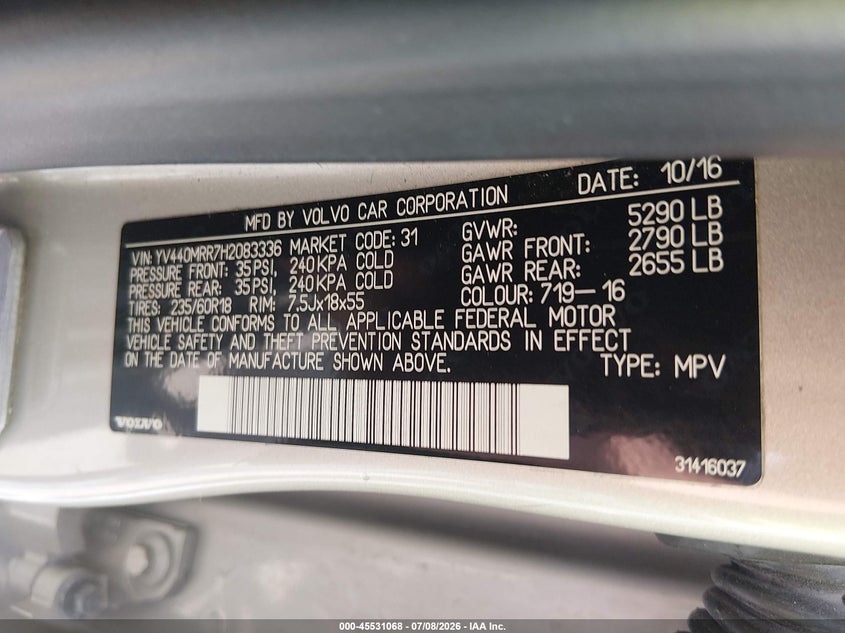 2017 Volvo Xc60 VIN YV440MRR7H2083336 IAAI salvage auction — NORMAL WEAR, Certificate Of Title (Nebraska), sold $650 on 2026-08-08 (photo 9)