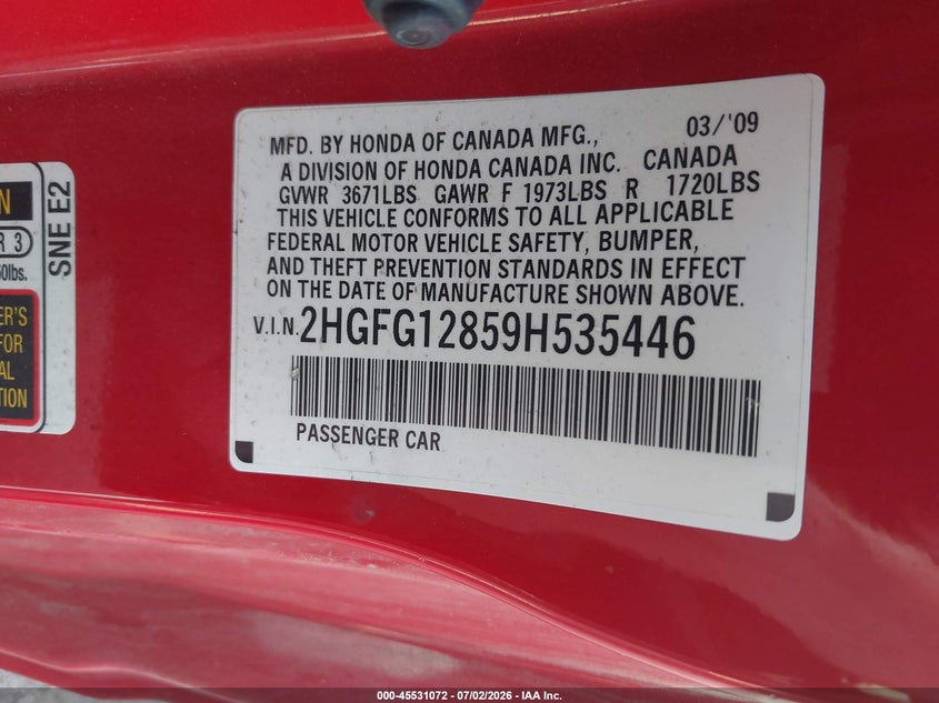 2009 Honda Civic VIN 2HGFG12859H535446 IAAI salvage auction — RIGHT SIDE, Mv-907A (New York), sold $700 on 2026-08-01 (photo 9)