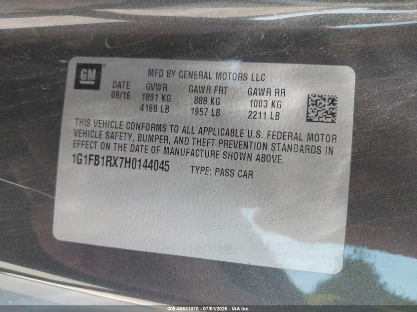 2017 Chevrolet Camaro VIN 1G1FB1RX7H0144045 IAAI salvage auction — LEFT FRONT, Salvage - Greater Than 75% (Maryland), sold $3,300 on 2026-07-11 (photo 9)