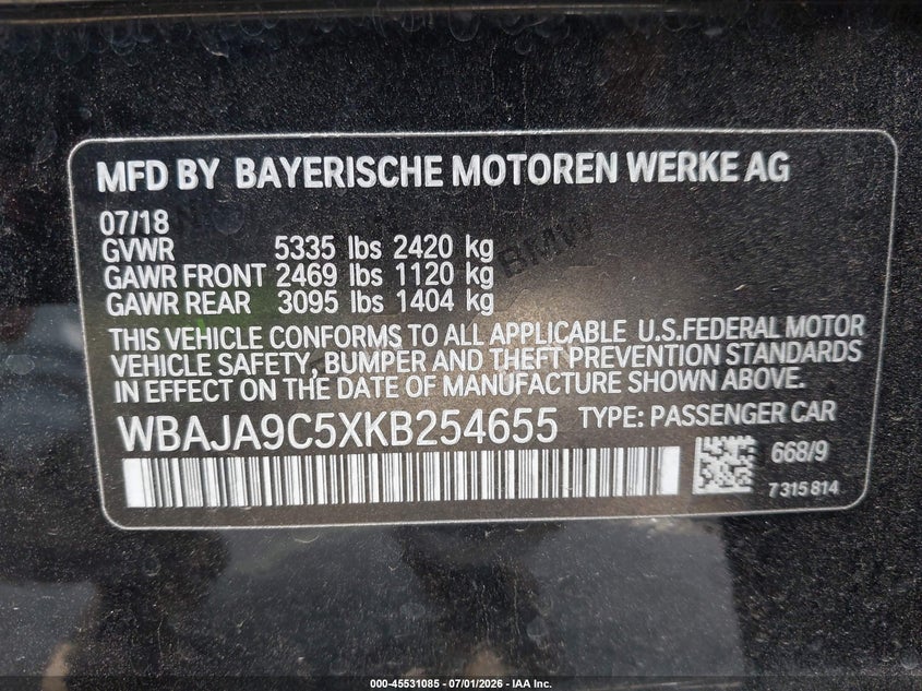 2019 BMW VIN WBAJA9C5XKB254655 IAAI salvage auction — LEFT FRONT, Salvage Title, sold $8,800 on 2026-08-02 (photo 9)