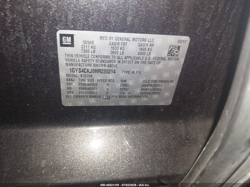 2017 Cadillac Escalade VIN 1GYS4CKJ8HR230214 IAAI salvage auction — FRONT END, Salvage Title, sold $6,800 on 2026-08-03 (photo 9)