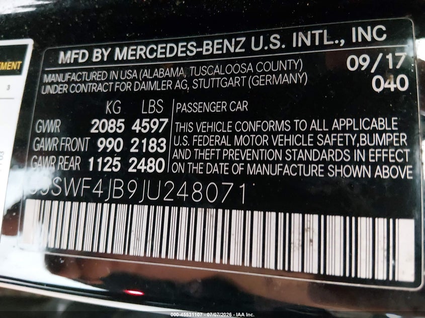 2018 Mercedes-benz C-klasse VIN 55SWF4JB9JU248071 IAAI salvage auction — SUSPENSION, Salvage (Tennessee), sold $7,200 on 2026-08-03 (photo 9)