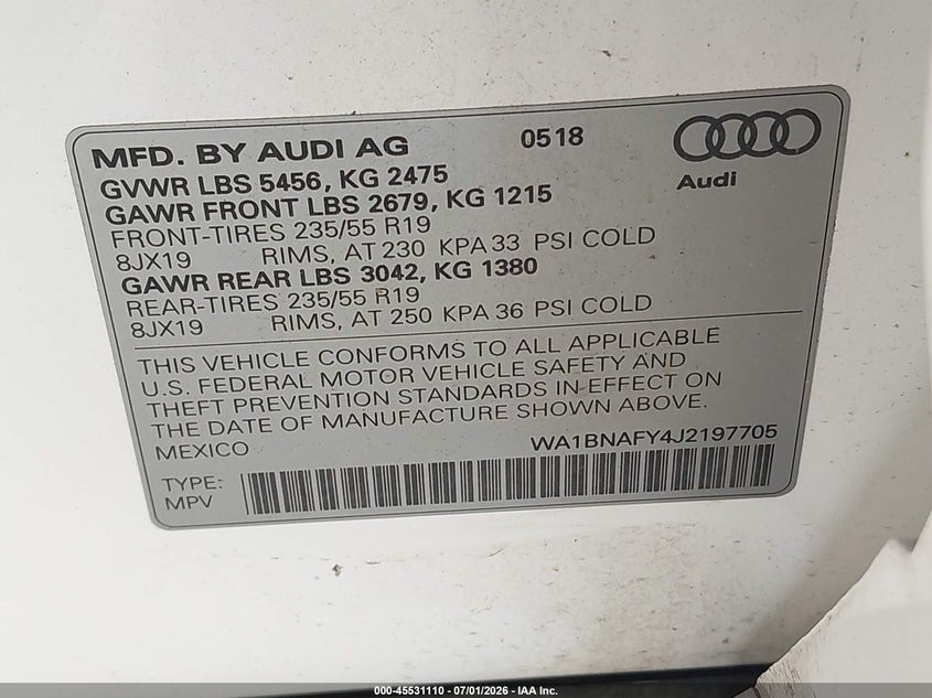 2018 Audi Q5 VIN WA1BNAFY4J2197705 IAAI salvage auction — REAR END, Bill Of Sale (Washington), sold $5,500 on 2026-07-29 (photo 9)