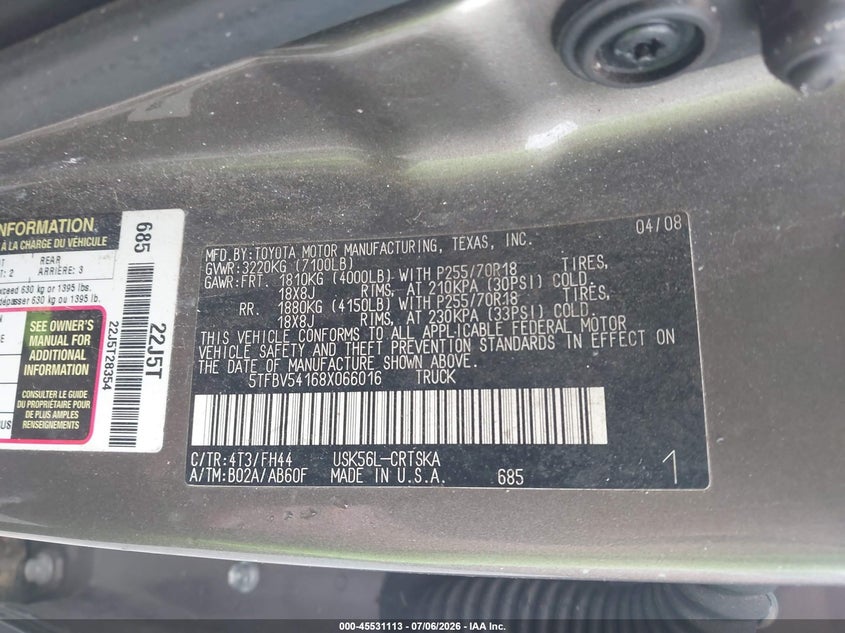 2008 Toyota Tundra VIN 5TFBV54168X066016 IAAI salvage auction — ROLLOVER, Rebuildable (Florida), sold $1,550 on 2026-07-23 (photo 9)