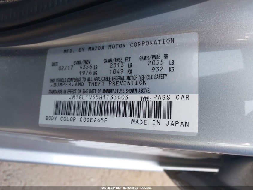 2017 Mazda 6 VIN JM1GL1V55H1133603 IAAI salvage auction — LEFT FRONT, Salvage (Ohio), sold $1,000 on 2026-07-22 (photo 9)