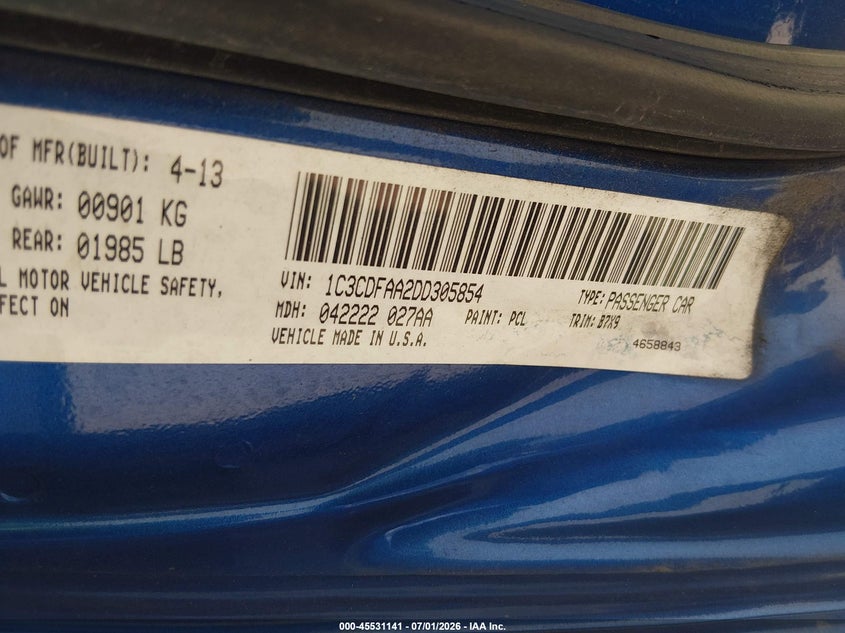 2013 Dodge Dart VIN 1C3CDFAA2DD305854 IAAI salvage auction — LEFT FRONT, Original (Texas), sold $775 on 2026-08-20 (photo 9)