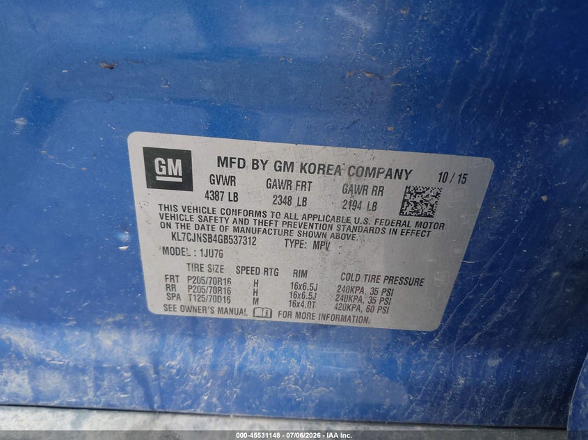 2016 Chevrolet Trax VIN KL7CJNSB4GB537312 IAAI salvage auction — FRONT & REAR, Mv-907A (New York), sold $475 on 2026-07-14 (photo 9)