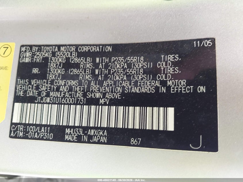 2006 Lexus Rx 400h VIN JTJGW31U160001731 IAAI salvage auction — NORMAL WEAR, Clear - Dealer Only (California), sold $1,125 on 2026-07-08 (photo 9)