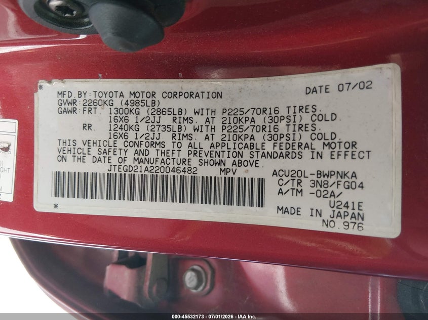 2002 Toyota Highlander VIN JTEGD21A220046482 IAAI salvage auction — NORMAL WEAR, Clear (North Carolina), sold $650 on 2026-07-15 (photo 9)