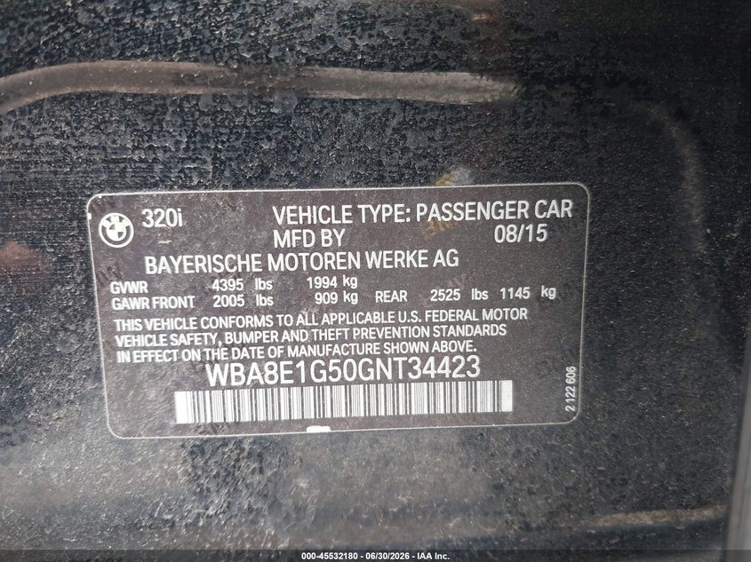 2016 BMW VIN WBA8E1G50GNT34423 IAAI salvage auction — NORMAL WEAR, Clear (Hawaii), sold $275 on 2026-07-21 (photo 9)
