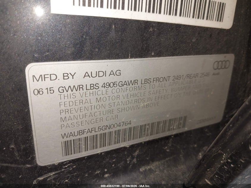 2016 Audi A4 VIN WAUBFAFL5GN004764 IAAI salvage auction — FRONT END, Clear (Virginia), sold $125 on 2026-07-28 (photo 9)