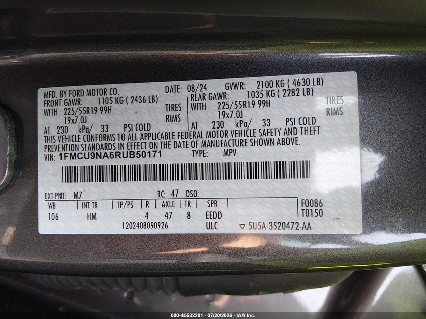 2024 Ford Escape VIN 1FMCU9NA6RUB50171 IAAI salvage auction — SIDE, Salvage (Ohio), sold $4,550 on 2026-07-26 (photo 9)