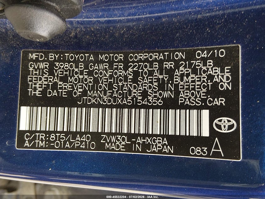 2010 Toyota Prius VIN JTDKN3DUXA5154356 IAAI salvage auction — NORMAL WEAR, Clear (Washington), sold $1,500 on 2026-07-15 (photo 9)