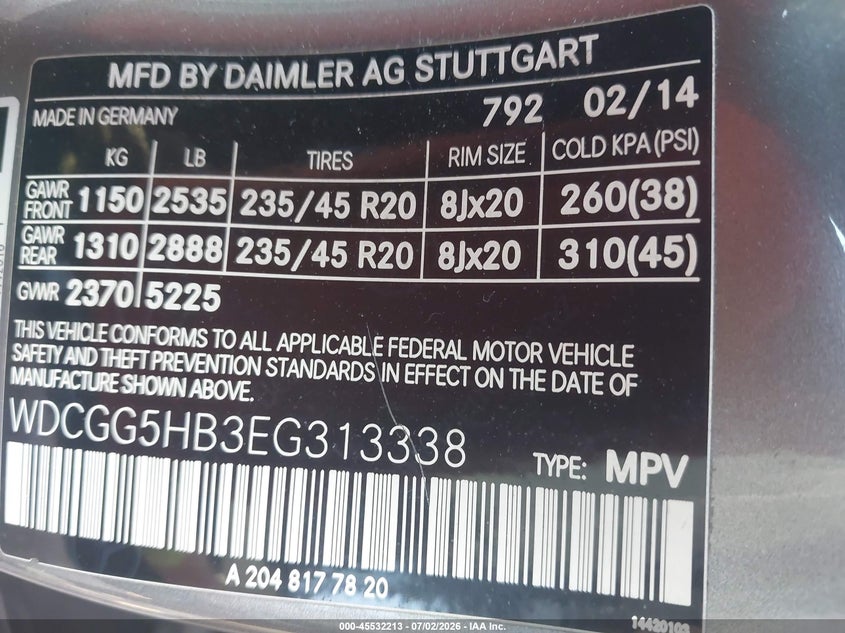 2014 Mercedes-benz Glk-klasse VIN WDCGG5HB3EG313338 IAAI salvage auction — FRONT END, Salvage (Alabama), sold $2,950 on 2026-07-19 (photo 9)
