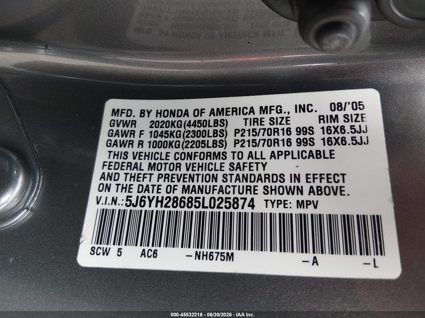 2005 Honda Element VIN 5J6YH28685L025874 IAAI salvage auction — RIGHT SIDE, Salvage (Oregon), sold $1,300 on 2026-07-09 (photo 9)