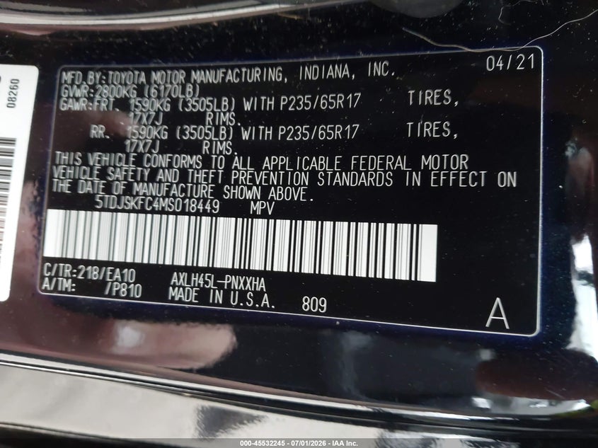 2021 Toyota Sienna VIN 5TDJSKFC4MS018449 IAAI salvage auction — FRONT & REAR, Salvage Title, sold $14,600 on 2026-07-22 (photo 9)