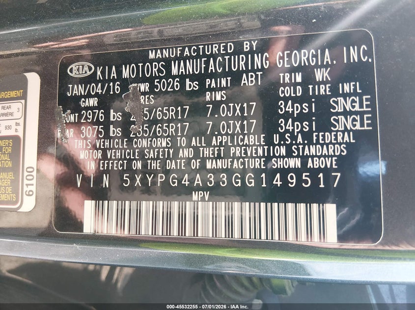 2016 Kia Sorento VIN 5XYPG4A33GG149517 IAAI salvage auction — NORMAL WEAR, Clear (Maryland), sold $2,375 on 2026-07-08 (photo 9)
