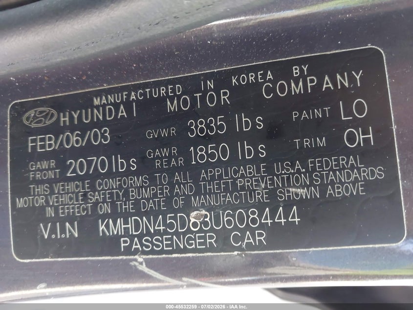 2003 Hyundai Elantra VIN KMHDN45D83U608444 IAAI salvage auction — LEFT REAR, Rebuildable (Florida), sold $200 on 2026-07-20 (photo 9)