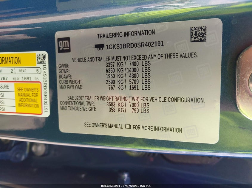 2025 Gmc Yukon VIN 1GKS1BRD0SR402191 IAAI salvage auction — REAR END, Salvage (Louisiana), sold $16,100 on 2026-07-28 (photo 9)